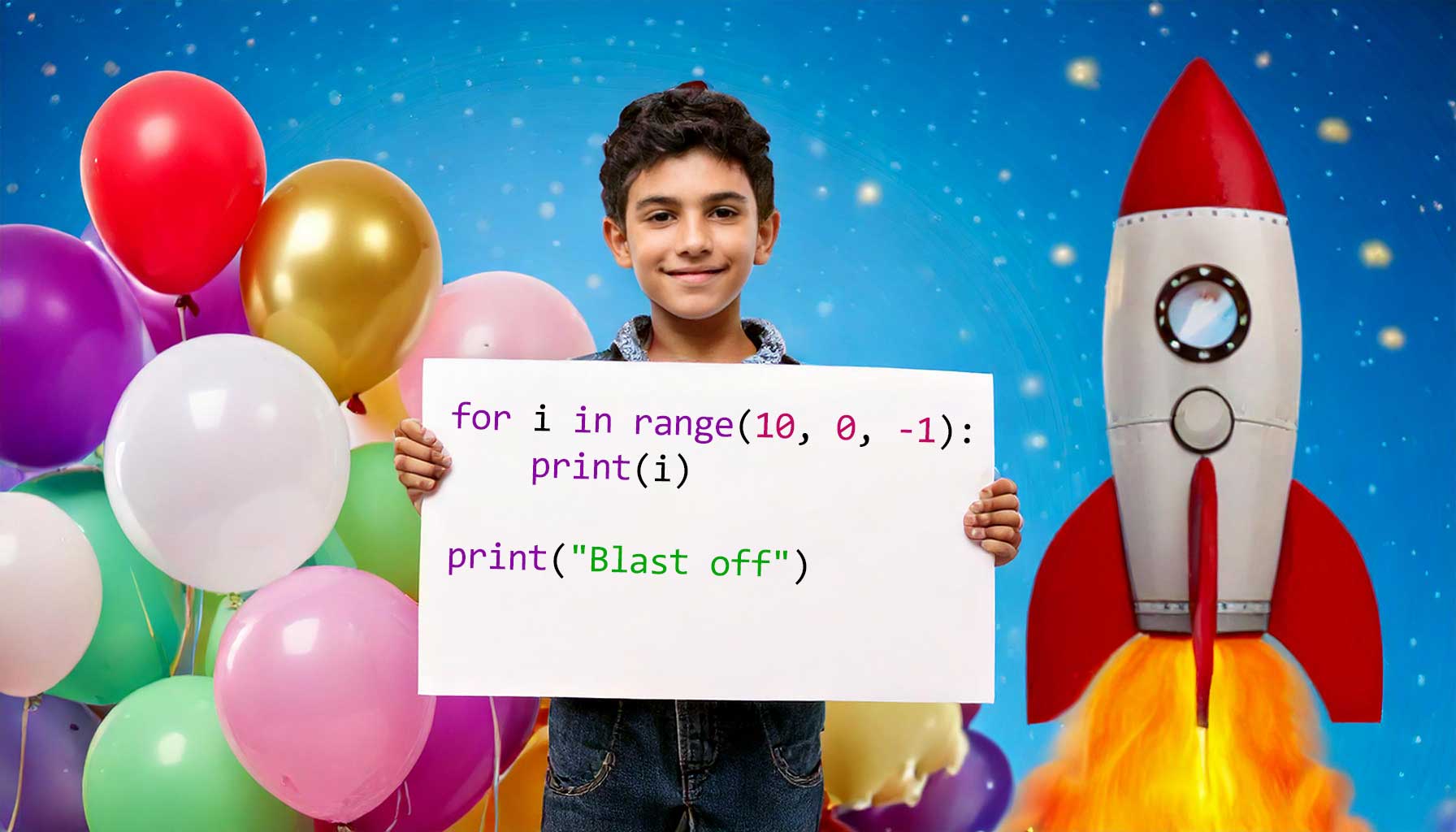 A photo of a child holding a banner of Python code in front of balloons and a rocket